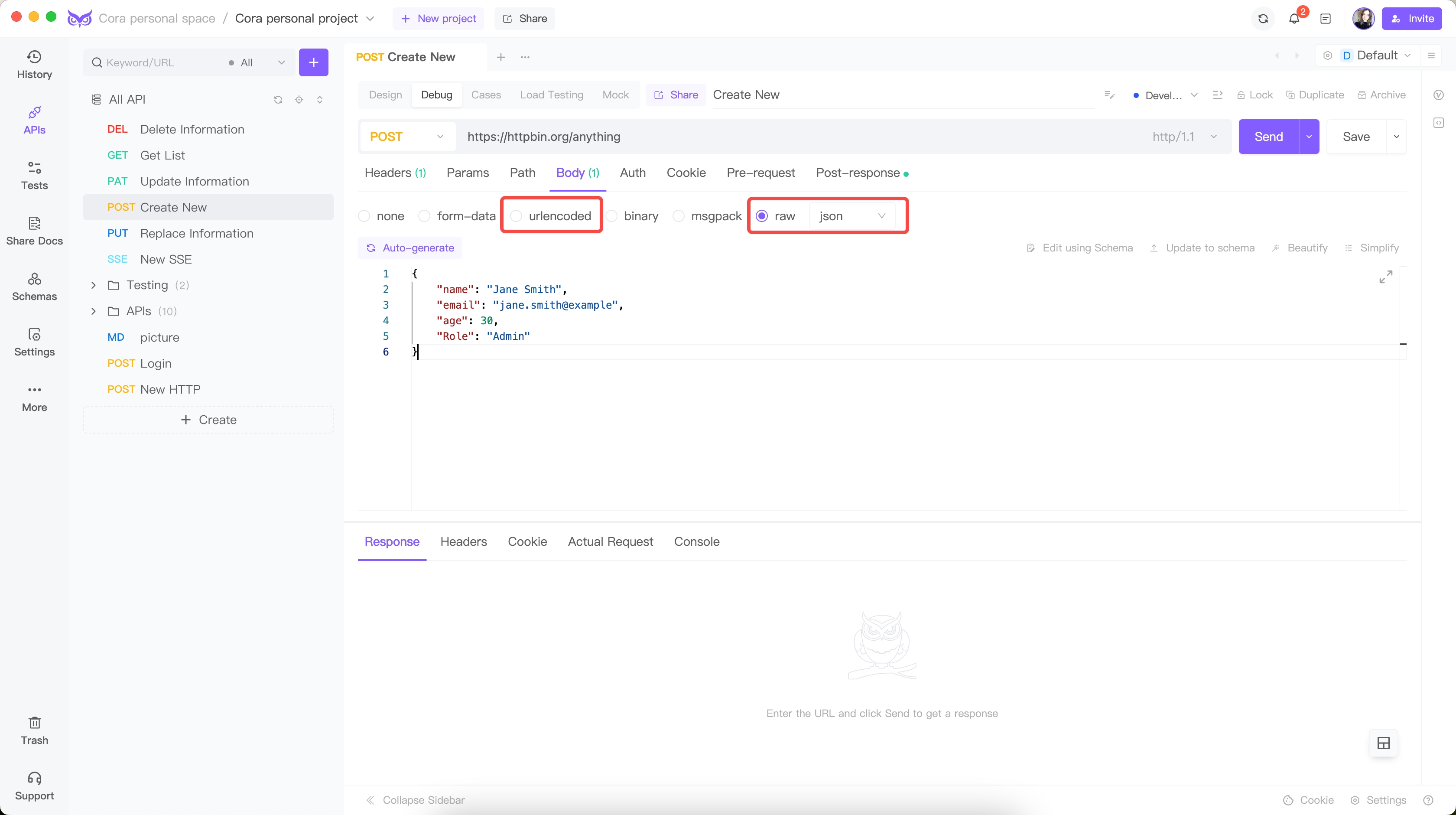 application/x-www-form-urlencoded and application/json